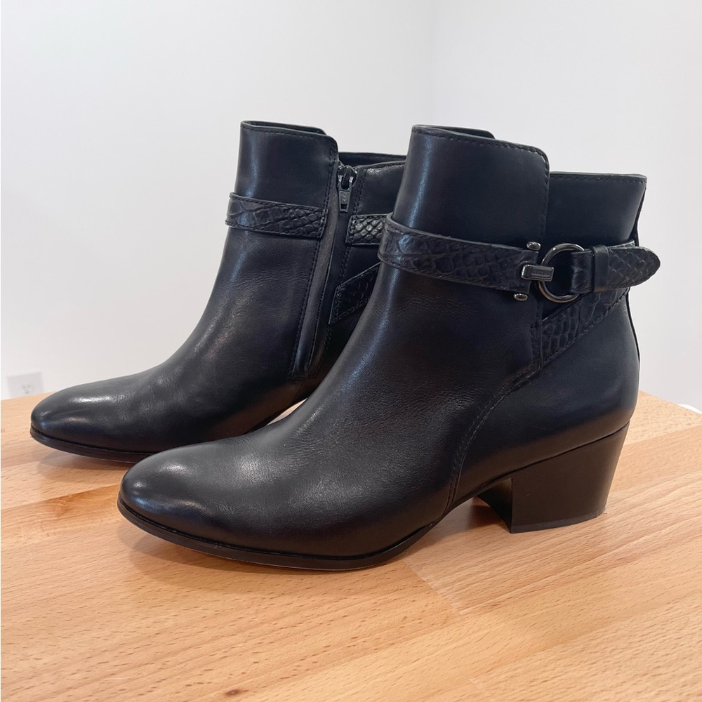 COACH Paulina Black Leather Ankle Boots Embossed Snake Belt Booties 7.5